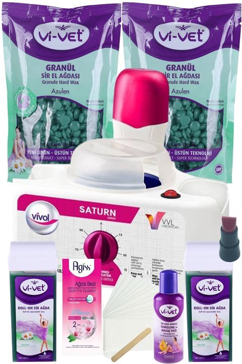 Saturn Vivet Azulen Kartuş 2adet + Azulen Inci Boncuk 2adet + Ağda Isıtıcı Makine / Ağda Seti 8 parça