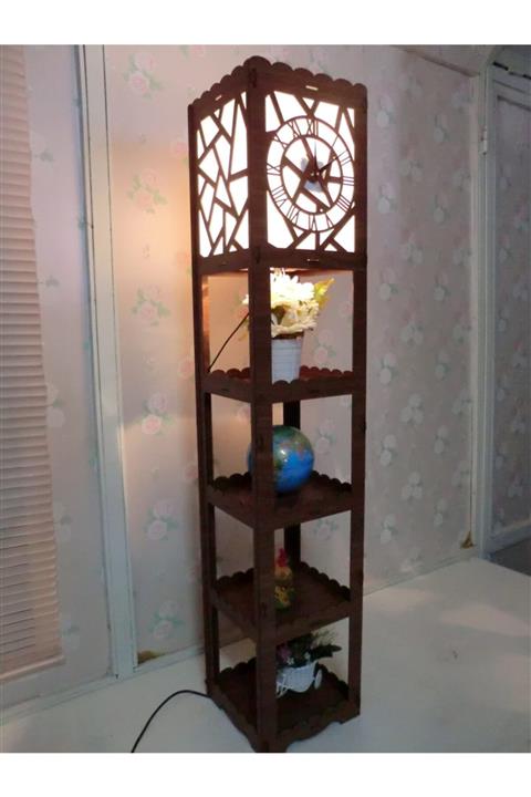 AhmetExpress Saatli Raflı Ahşap Lambader Köşe Zemin Aydınlatma Ceviz Renk