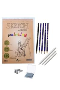 satrik Eskiz Defterli Karakalem Çizim Seti Dereceli Kalem Pastel Dağıtma Kalemi Hamur Silgi Sketch Book