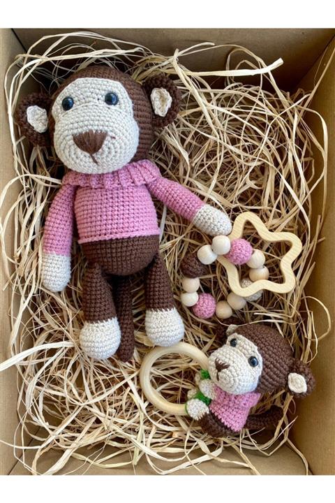 Potkal Hediye Fabrikası Sevimli Maymun Sesli Diş Kaşıyıcı Ve Emzik Zinciri Amigurumi Organik Yeni Doğan Bebek Oyuncak