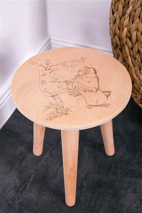 ART AHŞAP Ahşap Masif Baykuş Owl Winnie The Pooh Desenli Yuvarlak Tabure