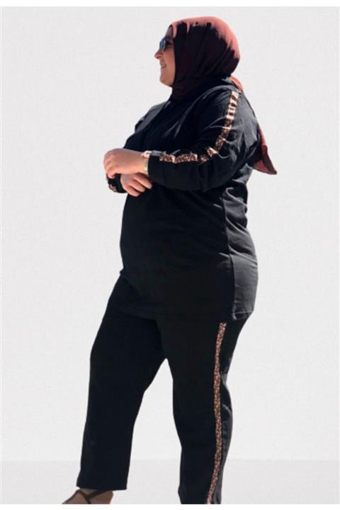 MY DREAM Cng Moda Siyah Battal Leopar Şerit Desen Eşofman Takım