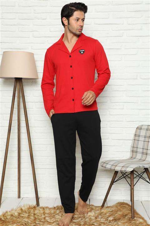 Pijamaevi Önden Düğmeli Uzun Kollu Erkek Pijama Takımı