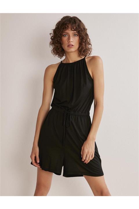 Jimmy Key Kadın Siyah Halter Yaka Beli Lastikli Askılı Tulum