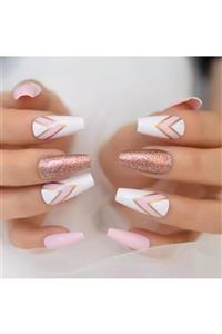 EDA LUXURY BEAUTY Pembe Beyaz Renkli Simli Takma Tırnak Lüks Parlak Desenli Extra Uzun Kare Ballerina Nail Art Set