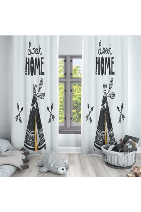 Else Halı Else Siyah Sarı Çadırlı Iskandinav Çocuk Odası Desenli Fon Perde