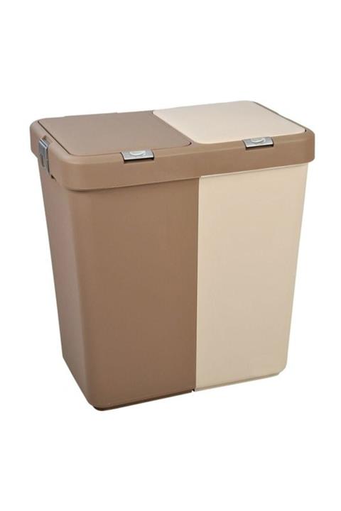 ego home Motek Kahve-Krem Ikili Dokunmatik Kirli Çamaşır Sepeti Çift Bölmeli Otomatik Kapaklı 80 lt