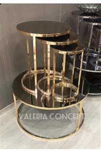 valeria concept Gold Bronz Aynalı Orta Sehpa Ve 3'lü Zigon Takımı