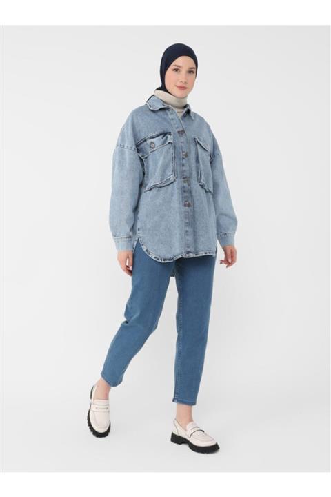 Benin Overize Kalıp Cep Detaylı Kot Ceket - Asit Mavi -