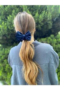 N Natural Stone Concept Lacivert Kadife Premium El Yapımı Ribbon Scrunchie Toka