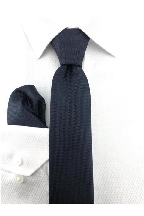 PİERRONİ Koyu Lacivert Oxford Desen Mendilli Kravat
