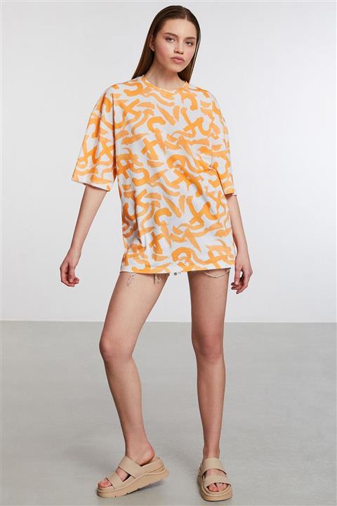 GRIMELANGE Sardınıa Kadın Turuncu Baskılı Bisiklet Yaka Oversize T-shirt