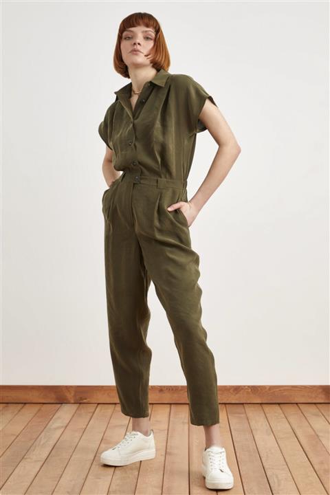 Love My Body Kadın Haki Yaka Önü Düğmeli Tulum