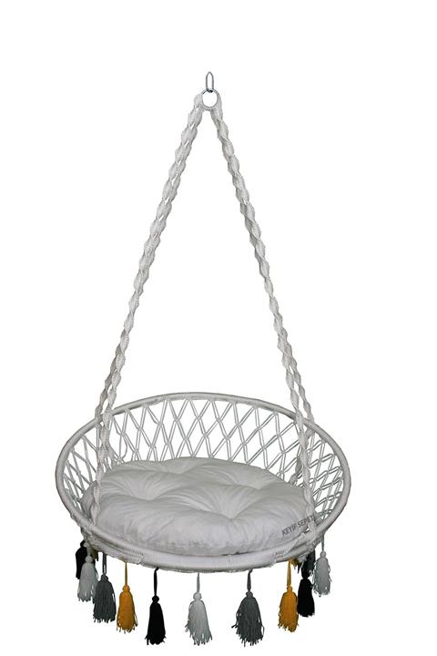 KEYİF SEPETİ Renkli Püsküllü Relaks Salıncak Beyaz ( Beyaz Minderli )