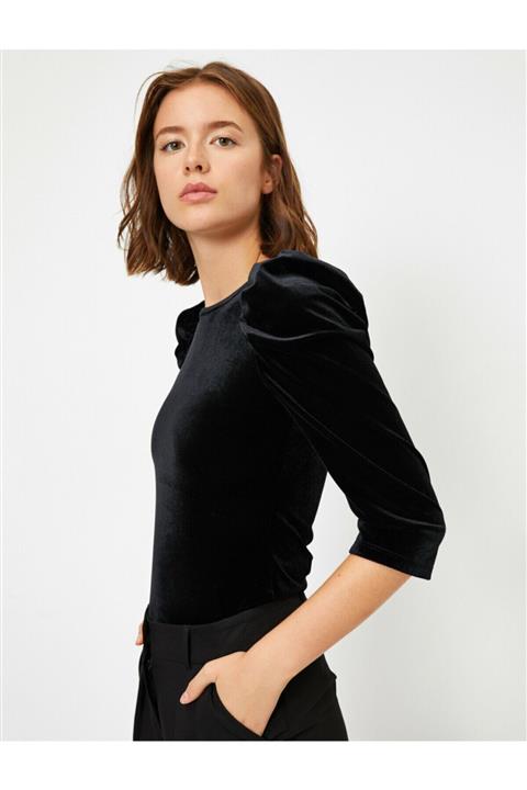 Koton Kadın Siyah Kadife 3/4 Kollu T-shirt