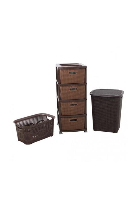 Sağlam Plastik Örgü Kirli Çamaşır Sepeti- Çamaşır Sepeti - Komidin 3'lü Set