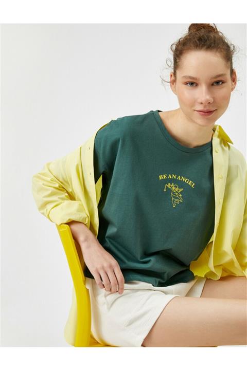 Koton Kadın Yeşil Yazili Baskili Tisört Pamuklu