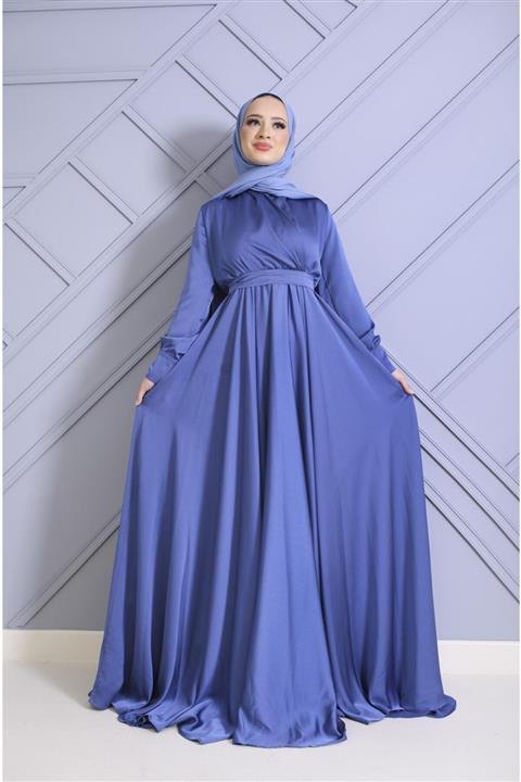 Şule Giyim Şal Yaka Saten Abiye Indigo