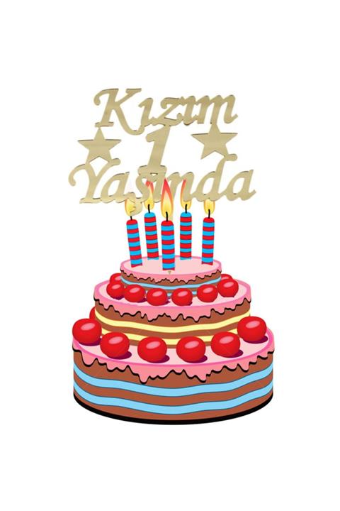 ERPA ToysShop Kızım 1 Yaşında Ilk Yaş Doğum Günü Partisi Pleksi Pasta Süsü Altın Renk