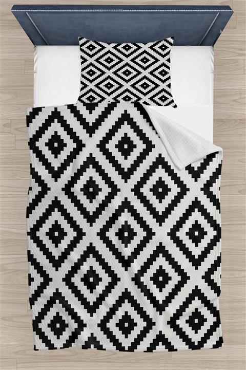 Else Halı Siyah Beyaz Karolar Desenli Tek Kişilik Pike Takımı