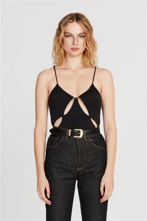 IAMNOTBASIC Kadın Siyah Parça Dekolteli, Sırtı Çapraz Askılı Ruth Bodysuit