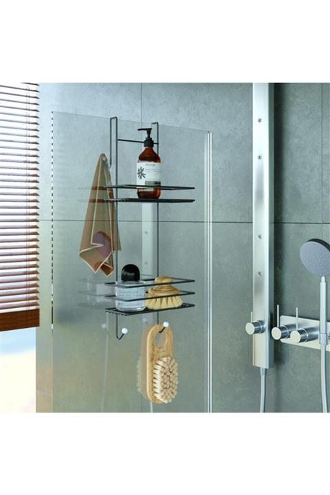 Sardıcı Siyah Banyo Rafı Duşakabin Rafı 2 Katlı Geniş Askılı