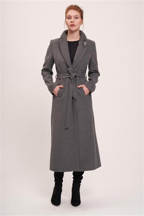 Orhan Broşlu Kruvaze Kapama Kaban - Gri