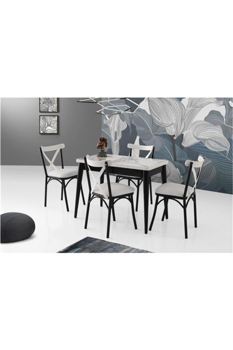 SELVİ Mercan Açılır Büyüyen Mermer Desenli Yemek Masası Kaşıklıklı + 4 Adet Yonca Pedli Sandalye