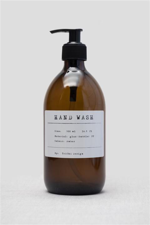 TriChi Design 500 Ml Kahverengi Amber Cam Sıvı Sabunluk Beyaz Pp Etiket Hand Wash Trch-392