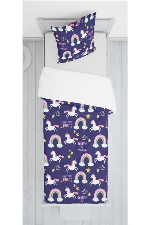 DECOSEW Unicorn ve Gökkuşağı Figürlü Kadife Yatak Örtüsü ve Yastık Kılıfı