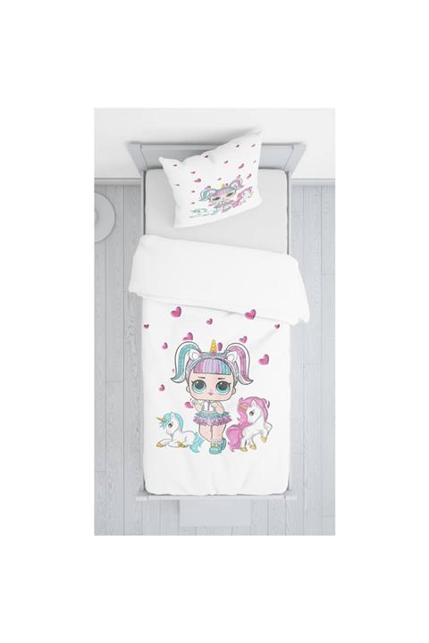 DECOSEW Unicorn Ve Lol Bebek Figürlü Kadife Dekoratif Yatak Örtüsü