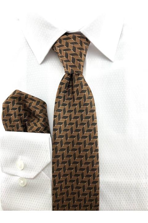 PİERRONİ Taba Kahve Desenli Mendilli Kravat