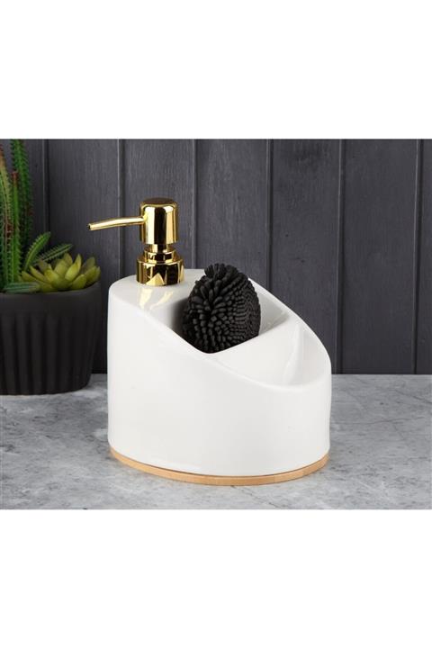 YzHome Lera Bambulu Porselen Sıvı Sabunluk Süngerli Bölmeli Deterjanlık