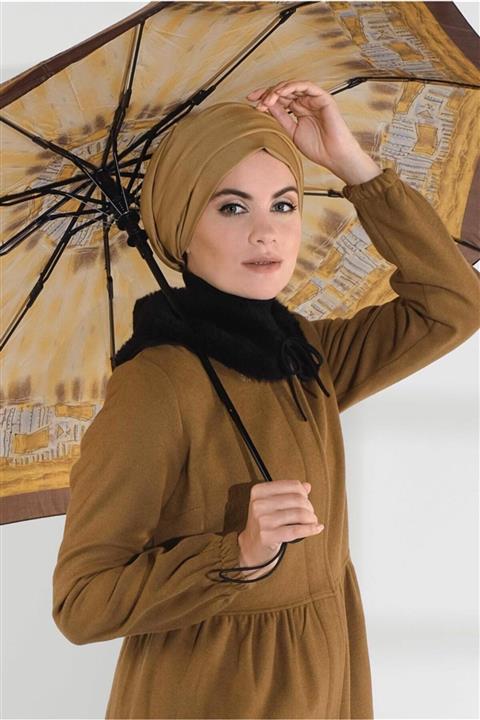 TRENDTESETTÜR Kadın Camel Yakası Peluş Detaylı Fermuarlı Kaşe Kaban 8305