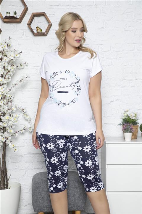 MyBen Büyük Beden Kapri Pijama Takımı Beyaz Renkli Baskılı Kısa Kollu Battal Pijama Takımı 50008