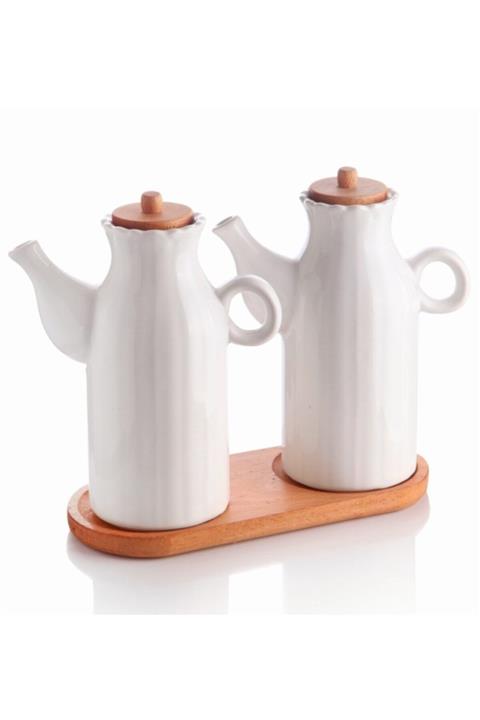 Kitchen Pembelia Ahşap Standlı Porselen 2 Adet Büyük Yağlık&sirkelik