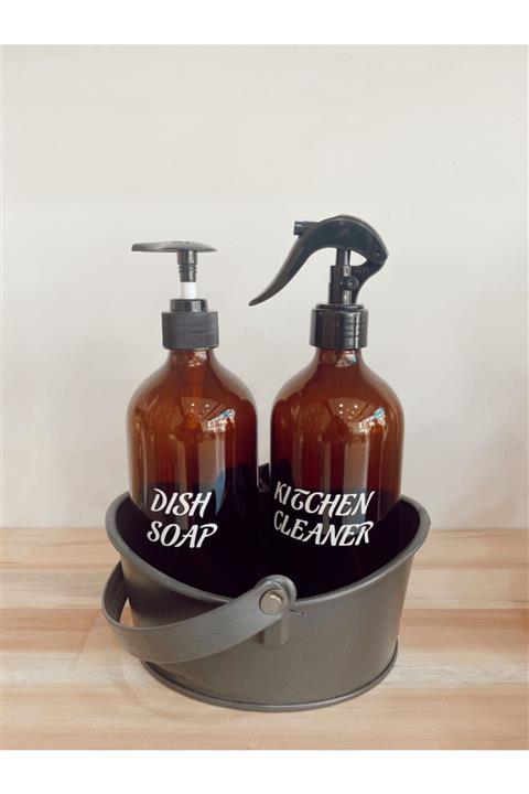 ANJEAHOME 3'lü Set Galvaniz Kovası ( Siyah ) Ve Dısh Soap & Kıtchen Cleaner Amber Cam Şişe 500 Ml