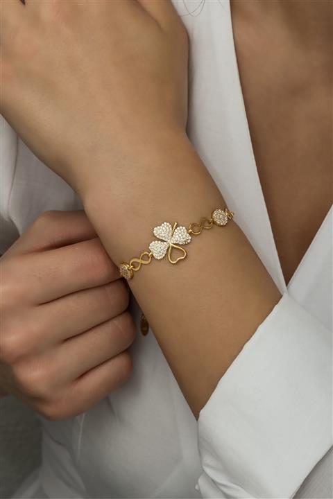 enesgumusoffıcıal Kadın Yonca Modelli Gold Renk 925 Ayar Gümüş Bilekik