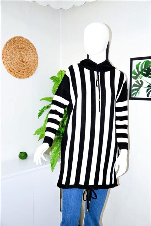 PNRSTİL Kapüşonlu Bağcıklı Çizgili Triko Kazak