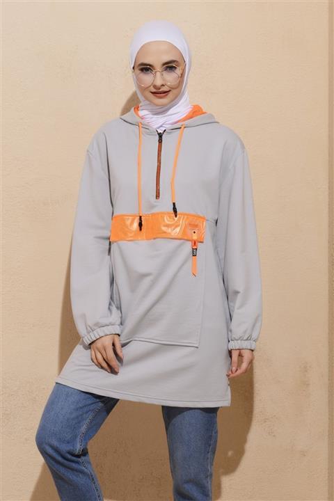Nefise File Kapüşonlu Cepli Yarım Fermuar Sweatshirt - Gri-oranj