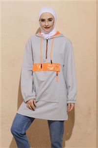 Nefise File Kapüşonlu Cepli Yarım Fermuar Sweatshirt - Gri-oranj