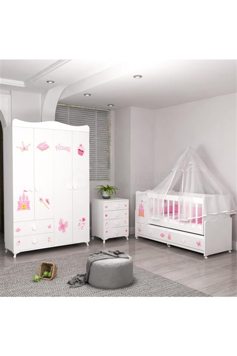 Garaj Home Pırlanta Yıldız 4lü Prenses Bebek Odası Takımı Yatak Ve Uyku Seti Kombinli Krem Uyku Setli