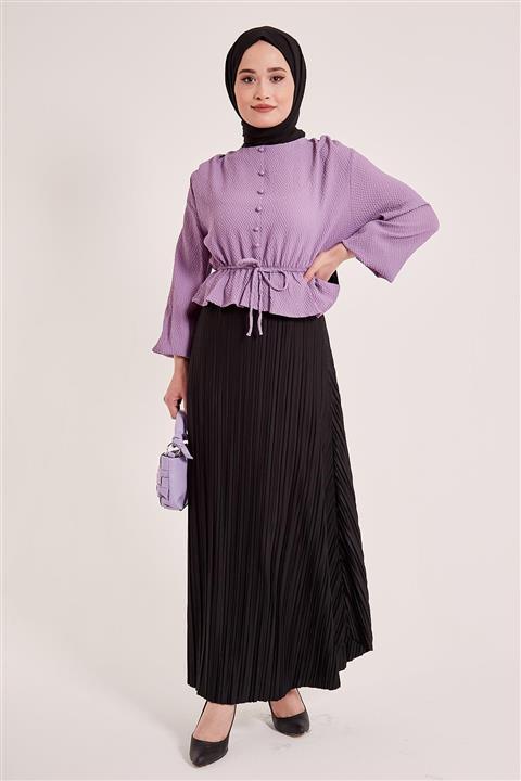 Şule Giyim Beli Lastikli Pileli Etek -siyah