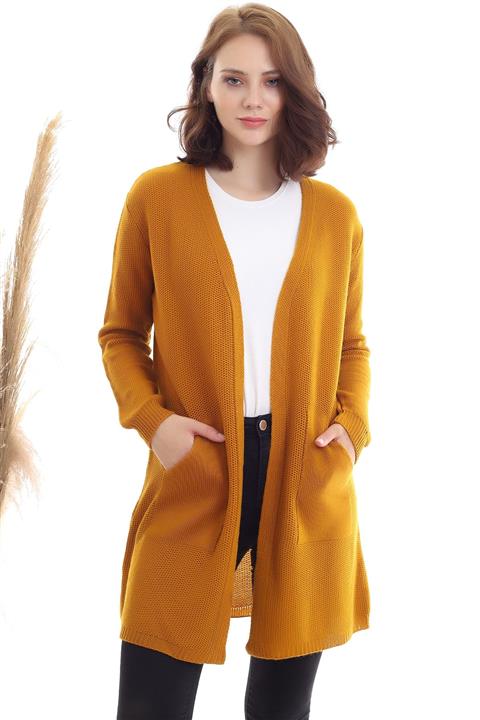 Devinka Kadın Hardal Kanguru Cep Triko Hırka