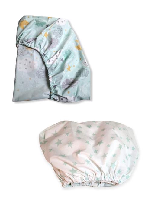 Bebek Özel Pamuklu Bebek Çocuk Lastikli Çarşaf 120x200 (2 Adet) Yeşil Ay Ve Yeşil Yıldızlı