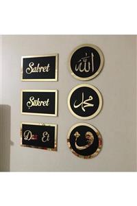 decorium pleksi Sabret, Şükret, Dua Et - Allah, Muhammed, Vav 6 Lı Set Dikdörtgen Yuvarlak