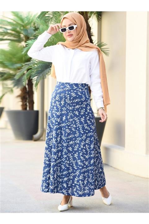 Por La Cara Beli Lastikli Çiçekli Etek - Indigo -