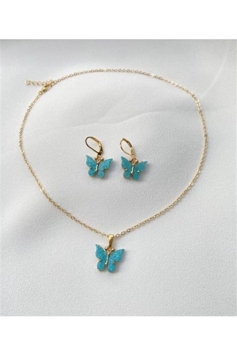 MİLENA AKSESUAR Kadın Mavi Simli Kelebek Kolye Ve Küpe Set
