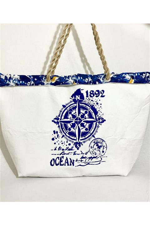 Enié by Ebru TAŞÇIOĞLU Mavi Beyaz Pusula Plaj Çantası