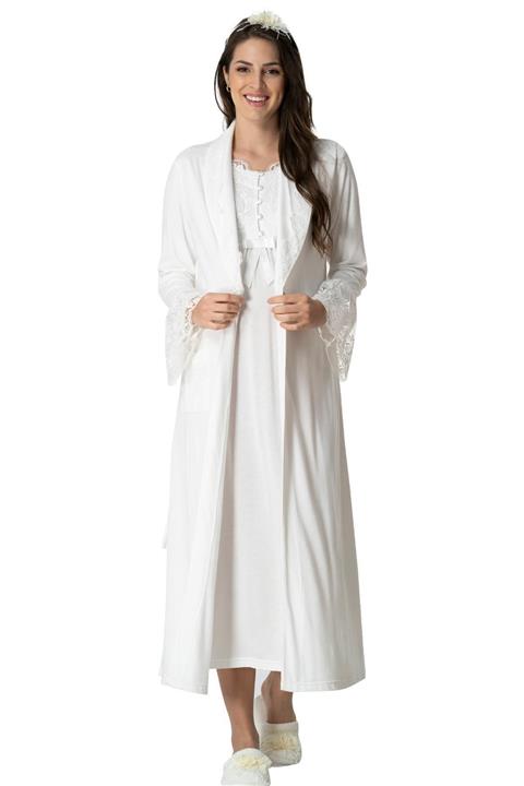 Mecit Pijama Ekru Uzun Sabahlıklı Lohusa Gecelik Takımı Mecit 5417